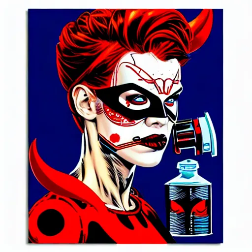 Image similar to a profile photo of a red head devil woman with a diving oxygen mask with side profile blood in ocean intricate details by MARVEL comics and Sandra Chevrier-C