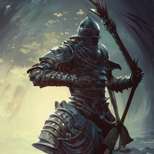 Image similar to knight in heavy armor under water, fantasy, highly detailed, digital painting, trending on artstation, dark souls concept art, sharp focus, illustration, art by alphonse mucha and artgerm and nixeu and greg rutkowski and magali villeneuve, 8 k