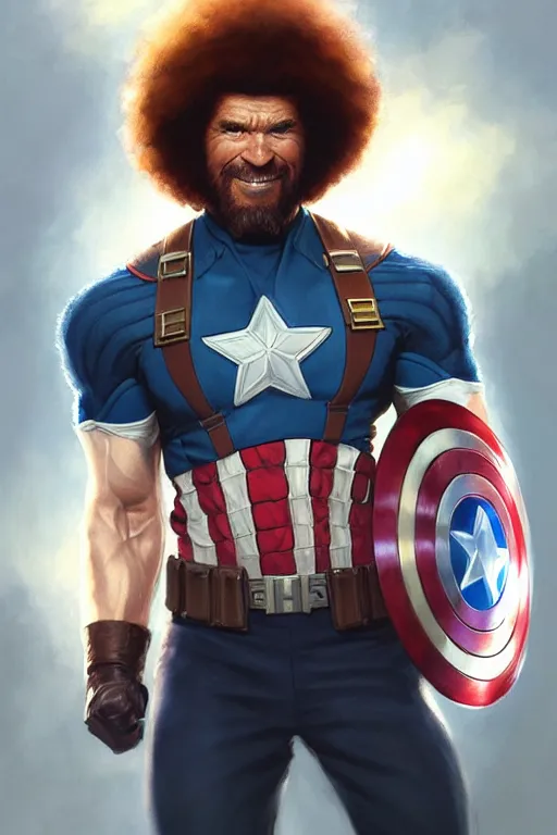 Prompt: bob ross as captain america, portrait, highly detailed, digital painting, artstation, concept art, smooth, sharp focus, illustration, cinematic lighting, art by artgerm and greg rutkowski and alphonse mucha