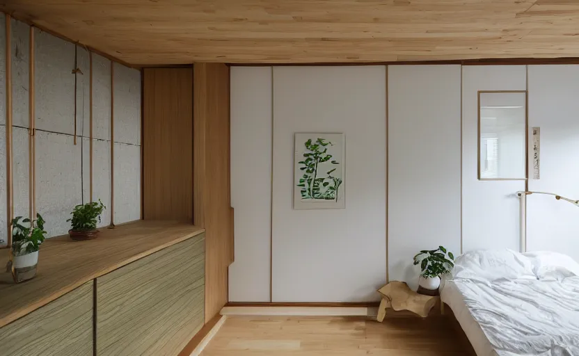 Image similar to interior of a small and compact minimalist bedroom in an apartment building, japanese style, bed, cupboards, bamboo wood, white, beige, bright, green wall, windows with a view of a green park, natural materials, modernist, swedish design, 8 k