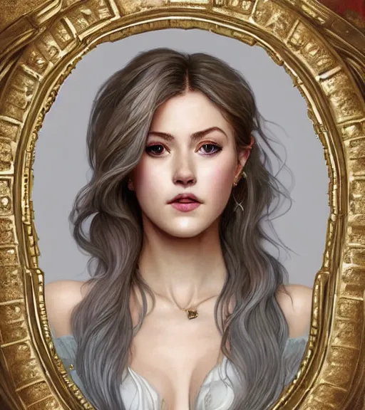 Image similar to katherine mcnamara wearing a golden dress, grey hair, red necktie, cinematic, stunning, highly detailed, digital painting, artstation, smooth, hard focus, full body shot, illustration, art by artgerm and greg rutkowski and alphonse mucha