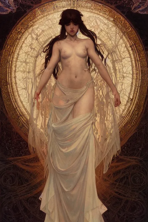 Image similar to a full body portrait of a beautiful ethereal delicate mage queen meditative sacral pose catholic stages of the cross, intricate, elegant, highly detailed, digital painting, artstation, concept art, smooth, sharp focus, illustration, art by krenz cushart and artem demura and alphonse mucha