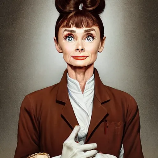 Prompt: a highly detailed epic cinematic concept art CG render digital painting artwork costume design: Audrey Hepburn as a 1950s crazy mad scientist lunatic in a brown lab coat, with unkempt hair and crazy eyes. By Greg Rutkowski, Ilya Kuvshinov, WLOP, Stanley Artgerm Lau, Ruan Jia and Fenghua Zhong, trending on ArtStation, made in Maya, Blender and Photoshop, octane render, excellent composition, cinematic atmosphere, dynamic dramatic cinematic lighting, aesthetic, very inspirational, arthouse