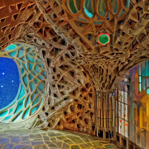 Prompt: Liminal space in outer space building by architect Antoni Gaudí, colorized