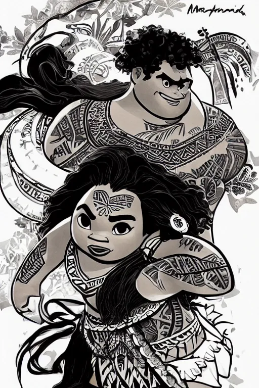 Prompt: moana illustrated by yoji shinkawa, ink, digital painting, highly detailed, trending on artstation, sharp focus, illustration, concept art, norman rockwell