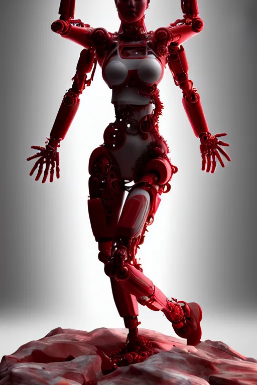 Image similar to a statue made of red marble, of an beautiful chinese girl, full body shot, perfect body, white biomechanical, inflateble shapes, wearing epic bionic cyborg implants, masterpiece, intricate, biopunk futuristic wardrobe, vogue, highly detailed, artstation, concept art, background galaxy, cyberpunk, octane render