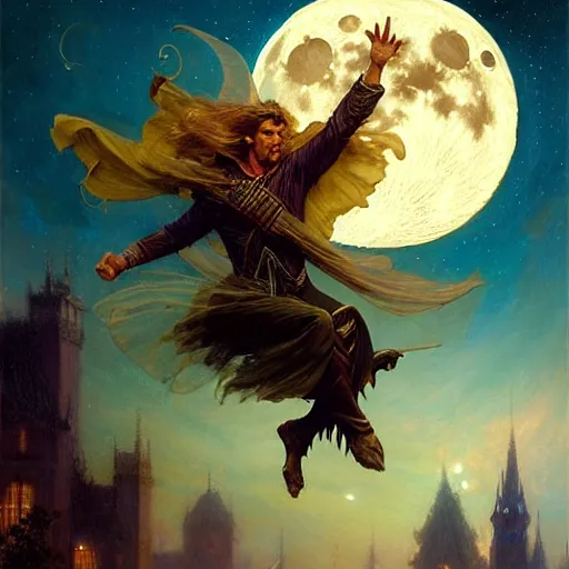 Image similar to attractive male witch magically flying trough the night, fantasy, full moon in background. highly detailed painting by gaston bussiere, craig mullins, j. c. leyendecker 8 k