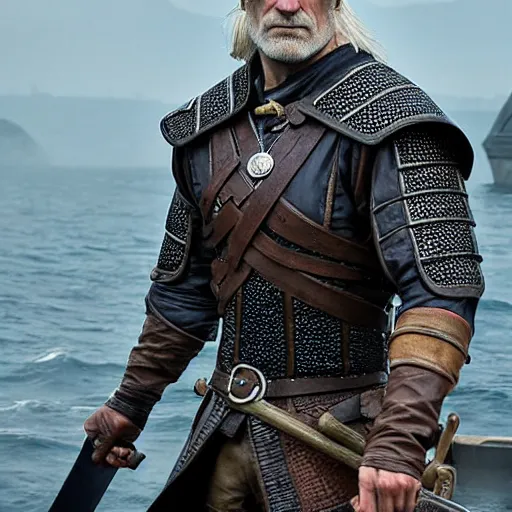 Prompt: geralt of rivia on a boat