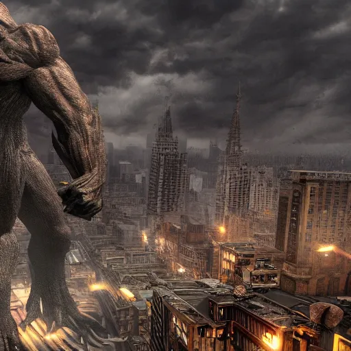 Image similar to giant creepy monster destroying city, high details, 8k, sharp, realistic