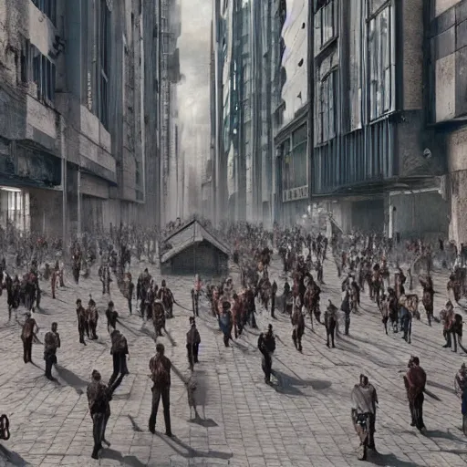 Image similar to hordes of drone-like people aimlessly walking around a depressing dystopian cityscape , trending on artststion, hyper realistic, surreal, melancholic, 8k, upscaled