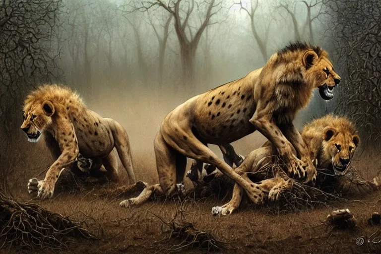 Prompt: photo, lions and hyenas having a fight, woodland location, stefan kostic and david cronenberg, realistic, sharp focus, 8 k high definition, intricate, chiaroscuro, elegant, perfect faces, symmetrical face, extremely detailed, hypnotic eyes, realistic, fantasy art, masterpiece zdzislaw beksinski, artgerm