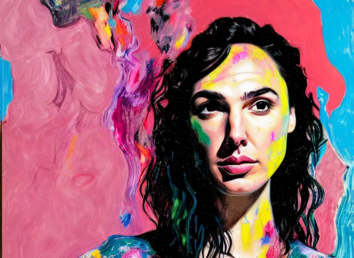 Image similar to portrait of gal gadot, by vincent lefevre and hernan bas and pat steir and hilma af klint, psychological, photorealistic, dripping paint, washy brush, rendered in octane, altermodern, masterpiece