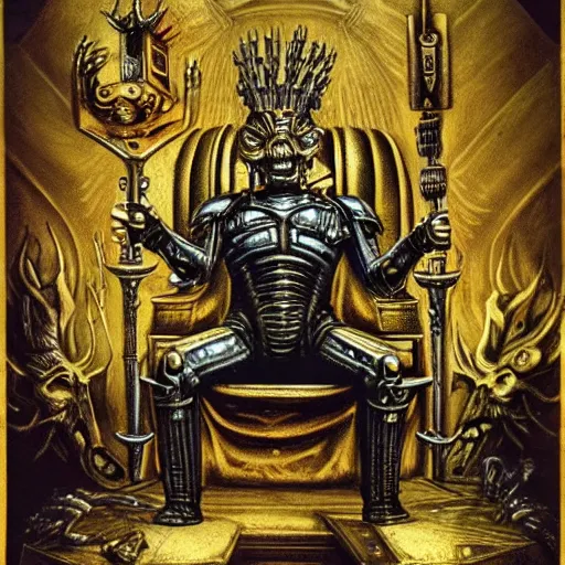 Image similar to Illustration by H.R Giger of The Emperor on his Golden Throne in a body horror style. Warhammer 40k