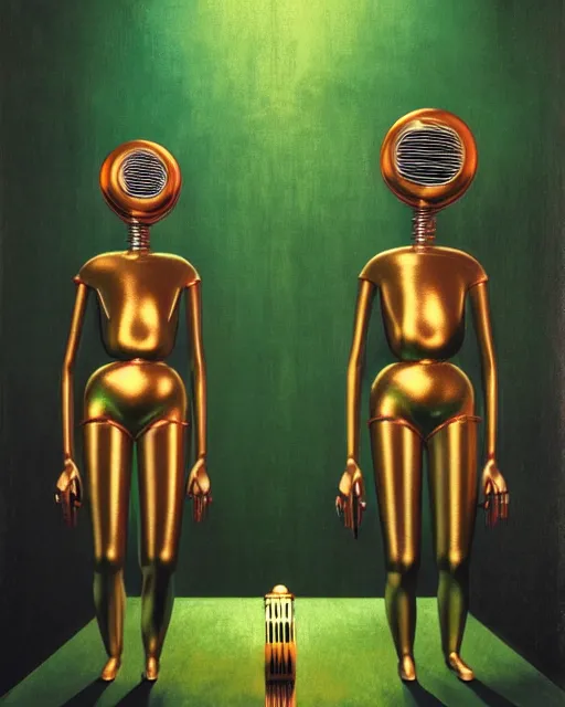 Image similar to hyperrealistic art deco mechanical iridescent humanoids singing on an art deco stage concept art santiago caruso de chirico sharp dramatic green light 8k low angle shallow depth of field