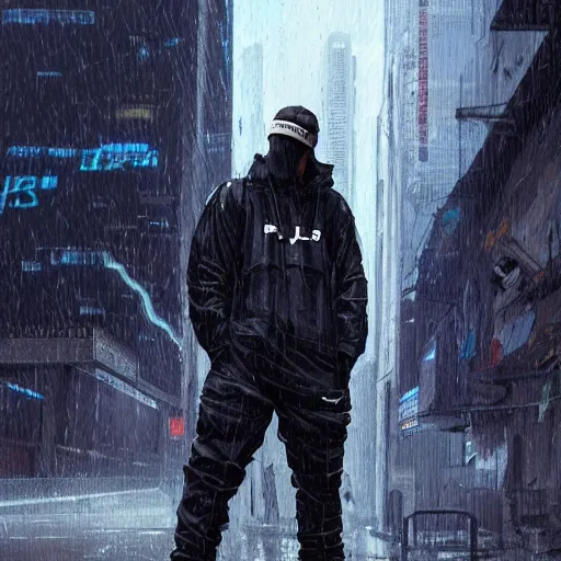 Image similar to A broad shouldered, muscular man wearing Acronym p-31 Ds pants and J1W-GTPL jacket and Nike Acronym presto sneakers, Police sirens shining in far background, trending on r/techwearclothing, high quality, digital art, dirty cyberpunk city, rain, greg rutkowski