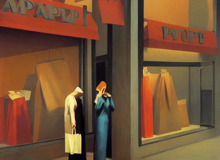 Image similar to people wearing paper bags inside paper bags at store display Edward Hopper and James Gilleard, Zdzislaw Beksinski, highly detailed