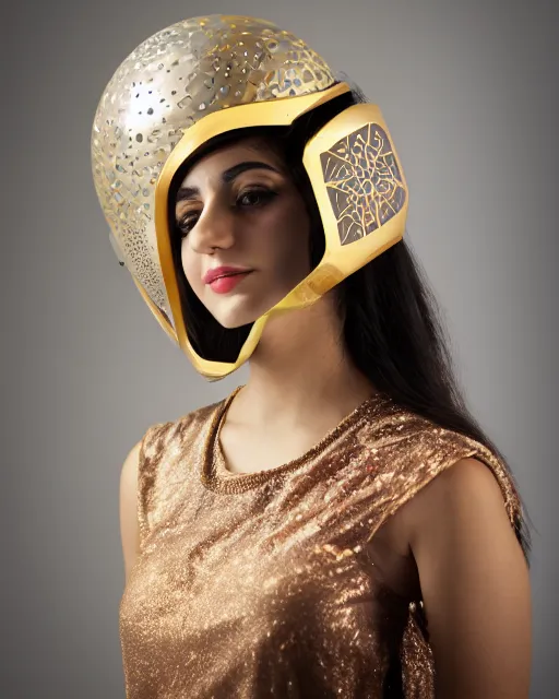 Prompt: centered medium shot fine studio photograph of a beautiful persian girl wearing a persian solarpunk electronic helmet with led lights, golden ornaments, ultra-realistic, white background, 8k HDR morning light, intricate detail