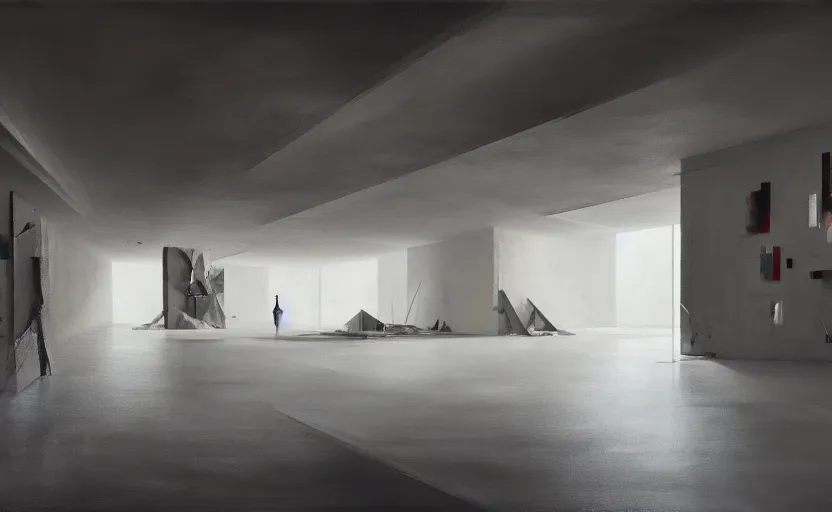 Image similar to painting of interior shot of a white concerete brutalist contemporary art museum with abstract artworks hanging on the wall by darek zabrocki and greg ruthkowski, cinematic and cold atmospheric, archillect concept art, artstation, trending on artstation