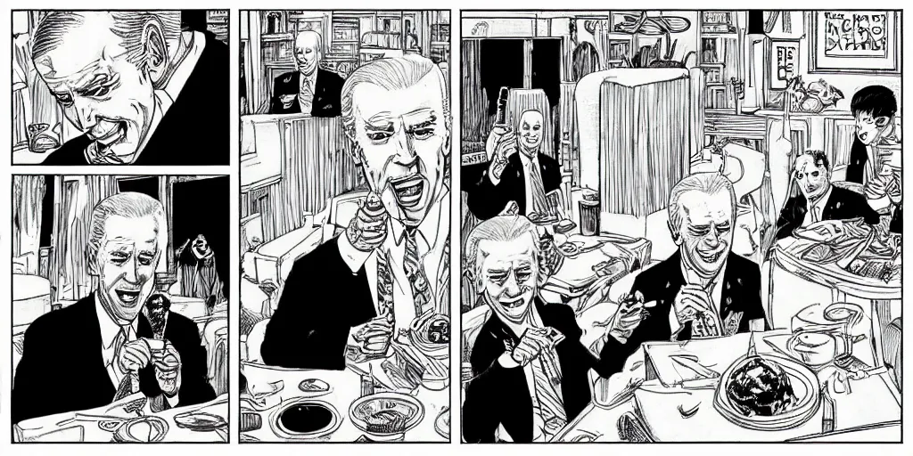 Prompt: “Joe Biden eatsall of the ice cream in the world” by Junji Ito