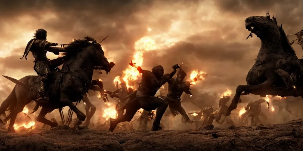 Image similar to epic battle screen of hero, film still from the movie'3 0 0'( 2 0 0 6 ), 3 d, 8 k realistic, cryengine, playstion 5 screen, cinematic lighting