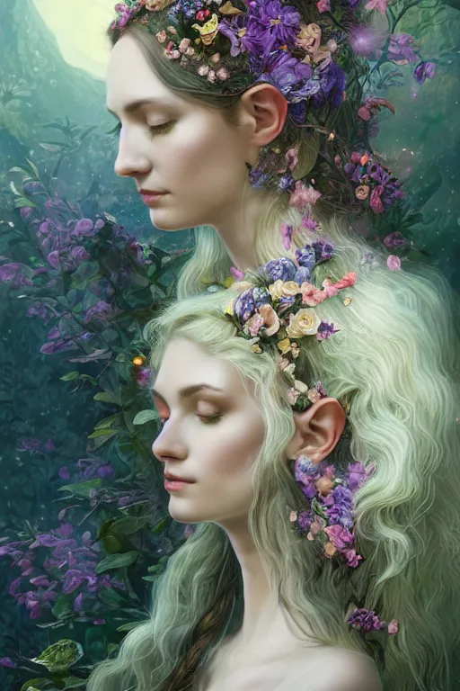 Image similar to a portrait of a beautiful elvish goddess with beautiful flowers composition in her hairs, hairs shining , fairy-like , 8k, highly detailed, sharp focus, ethereal clothes, astral environment, in style of Anna Dittmann and Mark Arial and Artgerm and Gerald Brom