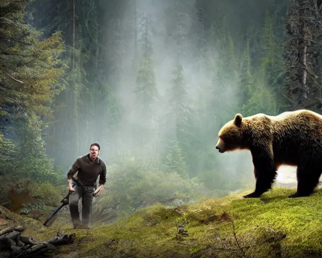 Prompt: bear grylls fending off a grizzly bear in the woods, matte painting, ultra wide shot, sharp focus, wallpaper art, dramatic lighting, artwork by greg rutowski and thomas kinkade