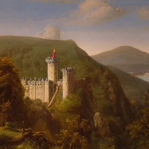 Prompt: a painting of a castle on top of a mountain, a matte painting by Charles Cundall,hudson river school, matte painting, rococo, detailed painting