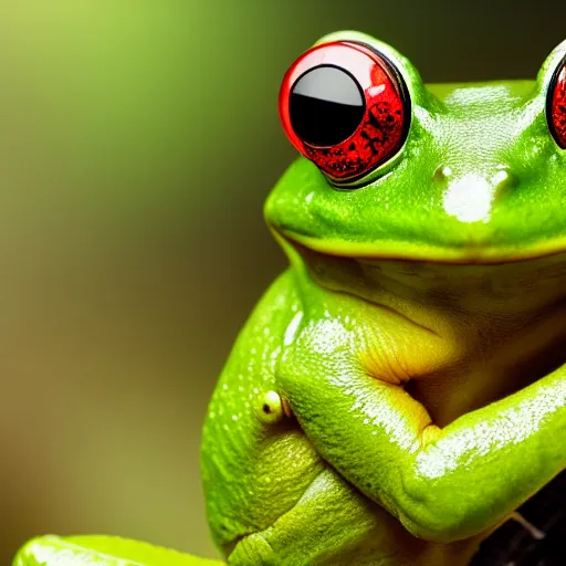 Prompt: a green frog with red paws sits on a tree in a tropical forest, photorealistic, close - up