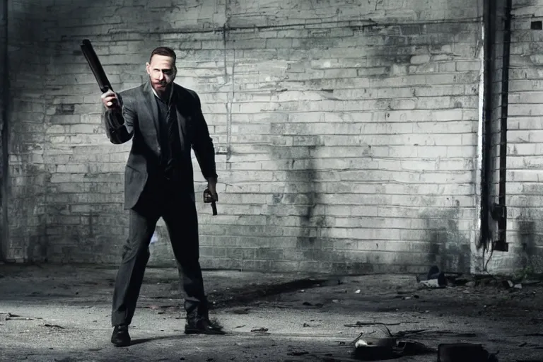 Prompt: film still of Tom Hardy as Max Payne in a body shop garage holding a baseball bat in the Max Payne movie, 4k