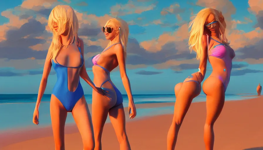 Prompt: a blonde woman, walking on the beach, blue bodysuit, sunset, vibrant, psychedelic colors, by ilya kuvshinov, krenz cushart, pixiv. zbrush sculpt, octane, maya