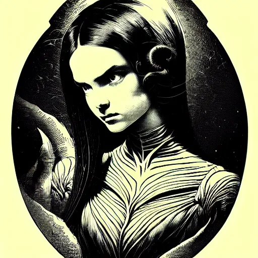 Image similar to portrait soft light, by bernie wrightson and joe fenton, inspired victorian sci - fi, etching, fine, sharp high detail, duotone screen print,