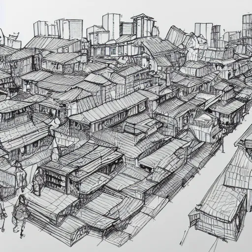 Image similar to highly detailed sketch of a distorted japanese neighborhood in the style of kim jung gi