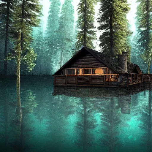 Image similar to a cabin in the woods underwater surrounded by dense trees, dark and eerie, 8k, high definition, highly detailed, photo realistic