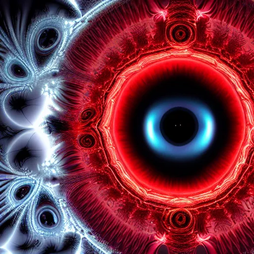 Prompt: the resplendent fractal eye of Resonance, glowing red with white diamonds and black background, high resolution octane render, sci fi