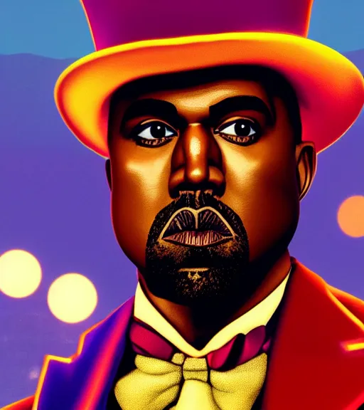 Image similar to Portrait of Kanye West as willy wonka in fallout new vegas, splash art, movie still, cinematic lighting, dramatic, octane render, long lens, shallow depth of field, bokeh, anamorphic lens flare, 8k, hyper detailed, 35mm film grain