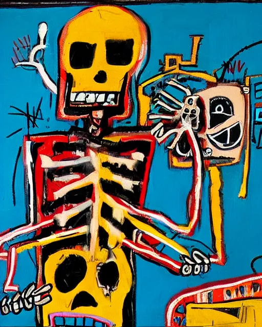 Image similar to oil neo expressionism painting of skull skeleton playing video games by basquiat
