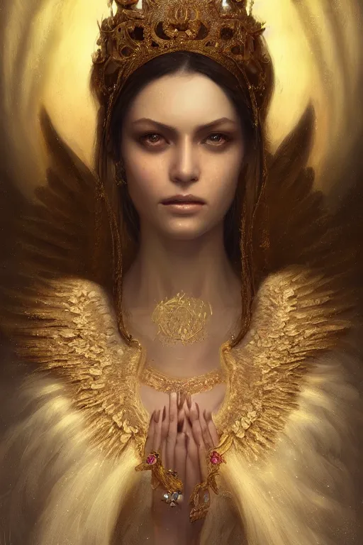 Image similar to A beautiful digital painting of a female Seraphim, intricate jewels, princess, intricate, cinematic lighting, highly detailed, digital painting, Artstation, concept art, smooth, sharp focus, illustration, art by Tom Bagshaw, Artgerm and Greg Rutkowski