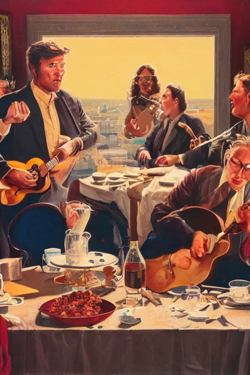 Image similar to eating the crumbs that fall from the rich man's table, an ultrafine detailed painting by john philip falter, shutterstock, american scene painting, movie still, concert poster, poster art