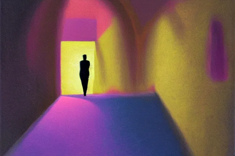 Prompt: An surreal painting of a figure walking up the stairs into a mysterious room with a mysterious light, pastel colours, vibrant, happy, uplifting,