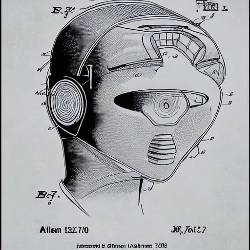 Image similar to a patent drawing of an intricate detailed vr headset from the future, extremely detailed alien technology vr!!! headset, with arrows and side angels