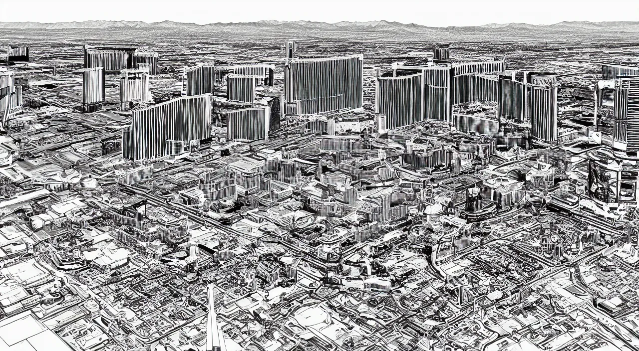 Image similar to las vegas as an axon drawing, in vector drawing style of charles williams