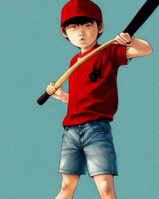 Prompt: a young boy wearing a horizontal striped shirt and a red baseball cap and jean shorts, holding a baseball bat, digital painting, artstation, concept art, sharp focus, octane render, illustration, art by takato yamamoto,