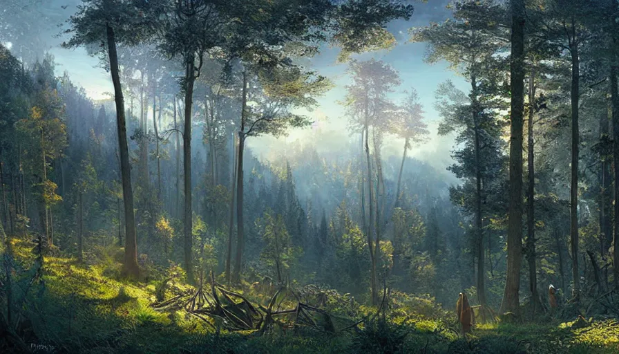 Prompt: view from a balcony overlooking a forest valley, highly detailed, sunny, blue sky, cinematic lighting, highly angle, godrays, volumetric, photorealistic, digital art painting by greg rutkowski