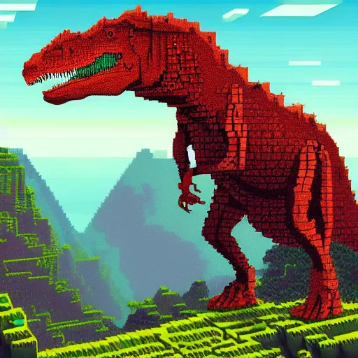 Prompt: an isometric pixel art of chronic dinosaur t - rex, mountain background, ultrasharp, detailed, cinematic, minecraft pixel art by ayami kojima, beksinski, giger