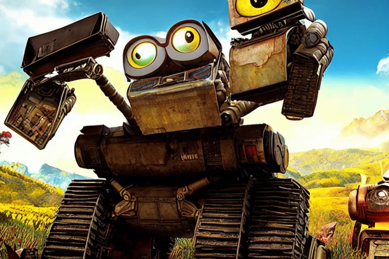 Prompt: wall - e in far cry 4, heavy detailed, ultra high definition quality, far cry 4 game engine graphics
