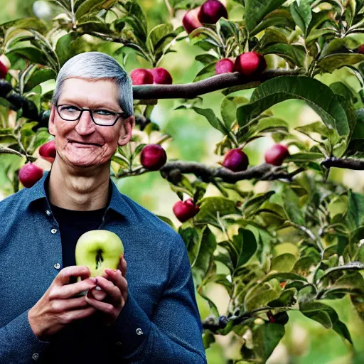 Prompt: tim cook eating apple inside an apple tree