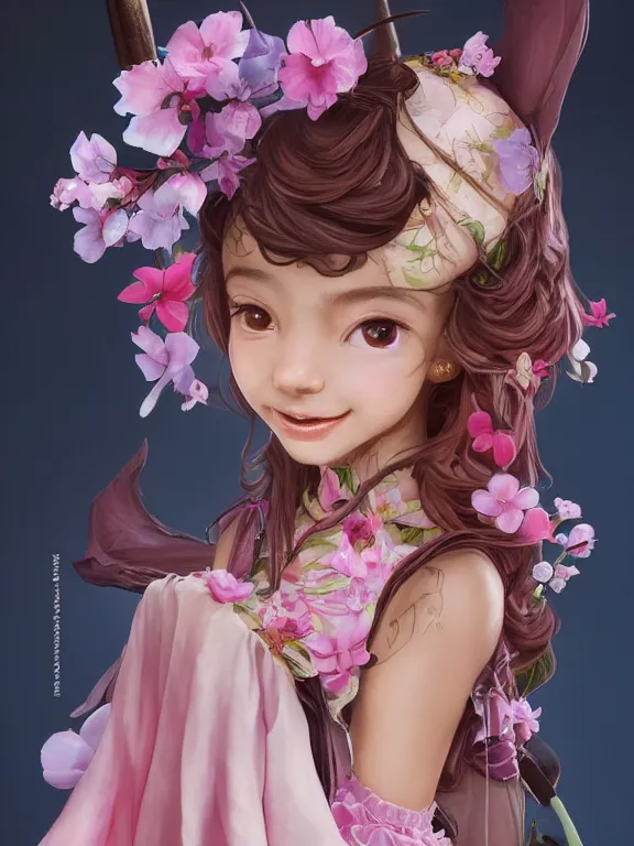 Image similar to Full shot of a cute mischievous young spring witch about to get up to some trouble with her playful bat familiar. Latin American fashion. Floral patterns. cherry blossoms. Pink and Lime Green palette. Magic. Latina girl. brown skin. defined facial features, symmetrical facial features. Smiling. By Ruan Jia and Artgerm and Range Murata and WLOP and Ross Tran and William-Adolphe Bouguereau. Key Art. Fantasy Illustration. award winning, Artstation, intricate details, realistic, Hyperdetailed, 8k resolution.