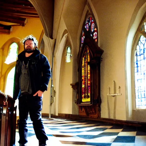 Prompt: bam margera, in a church