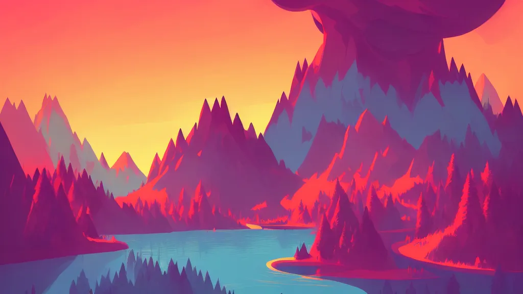 Image similar to mountains, trees, and lake, by anton fadeev