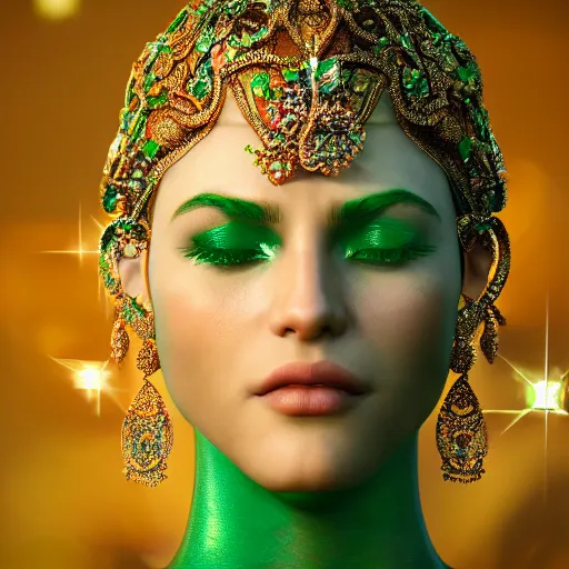 Image similar to portrait of wonderful princess of emeralds with fair skin, ornate, 8 k, gorgeous, intricate, detailed, accent lighting, ethereal lighting, hyper realism, octane render